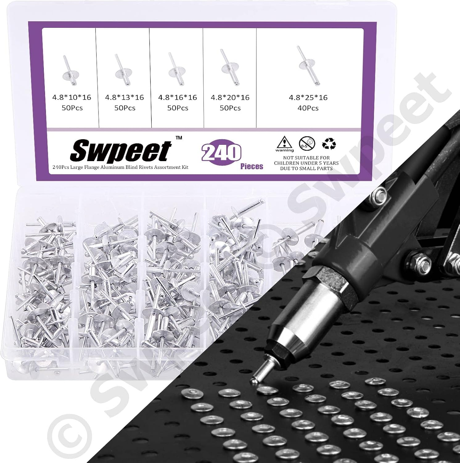 Swpeet 240Pcs 3/16" X 3/8" / 1/2" / 5/8"/ 3/4"/ 1" Large Flange Aluminum Blind Rivets Kit, Silver Pop Rivets Open End Type Pop Rivet for Indoor and Outdoor Use image number 4
