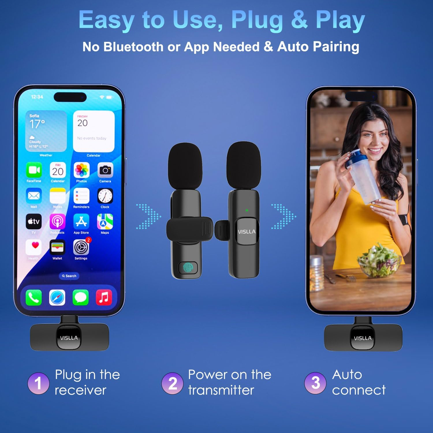 Vislla Wireless Lavalier Microphone for Iphone 15/16/17 Series, Ipad and Android Devices, Noise Cancelling,Bluetooth Mini Lapel Microphone for Youtube/Vlogging/Live Streaming/Tiktok/Interview
