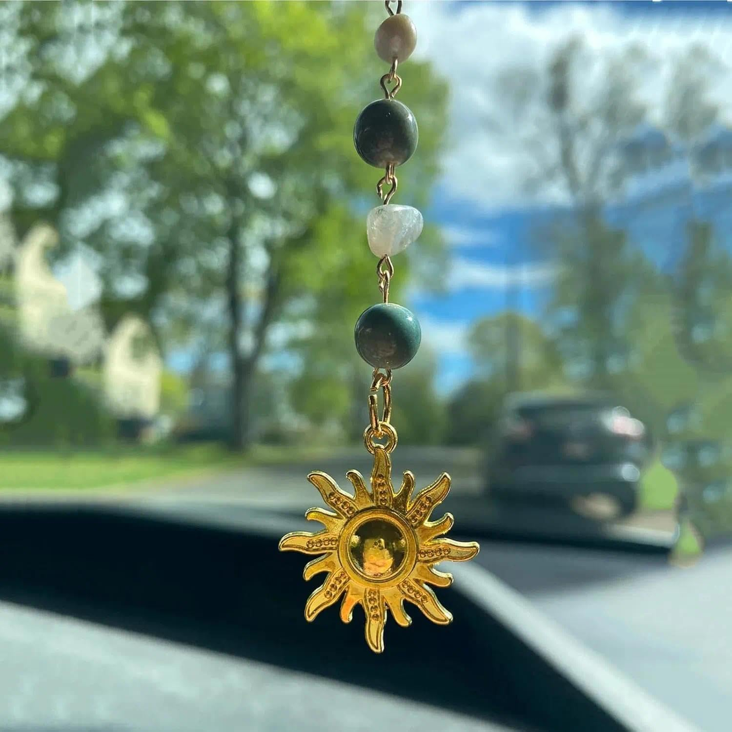 Cute Car Hanging Accessory with Green and Gold Handmade Healing Crystals, Sun Hanging Charm, Compatible with Rear View Mirror, Car Interior Decor - Perfect Decor for Lovers,17.8 Cm - Unron image number 2