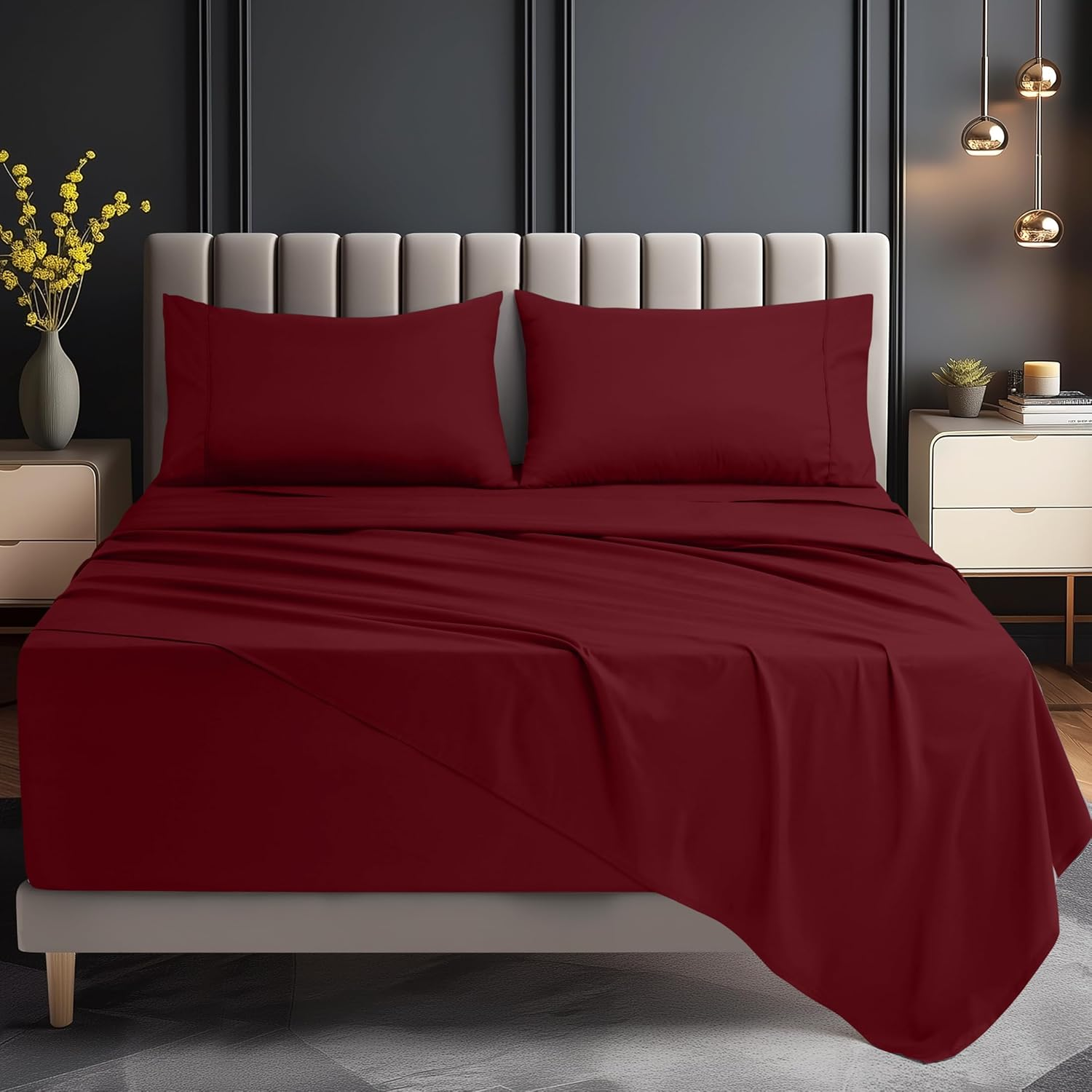 Utopia Bedding Deep Pocket Queen Sheet Set &ndash; Fits Mattresses up to 21 Inches &ndash; Cooling, Soft & Breathable &ndash; Oeko-Tex 4 Piece Bed Sheets (Burgundy) image number 7
