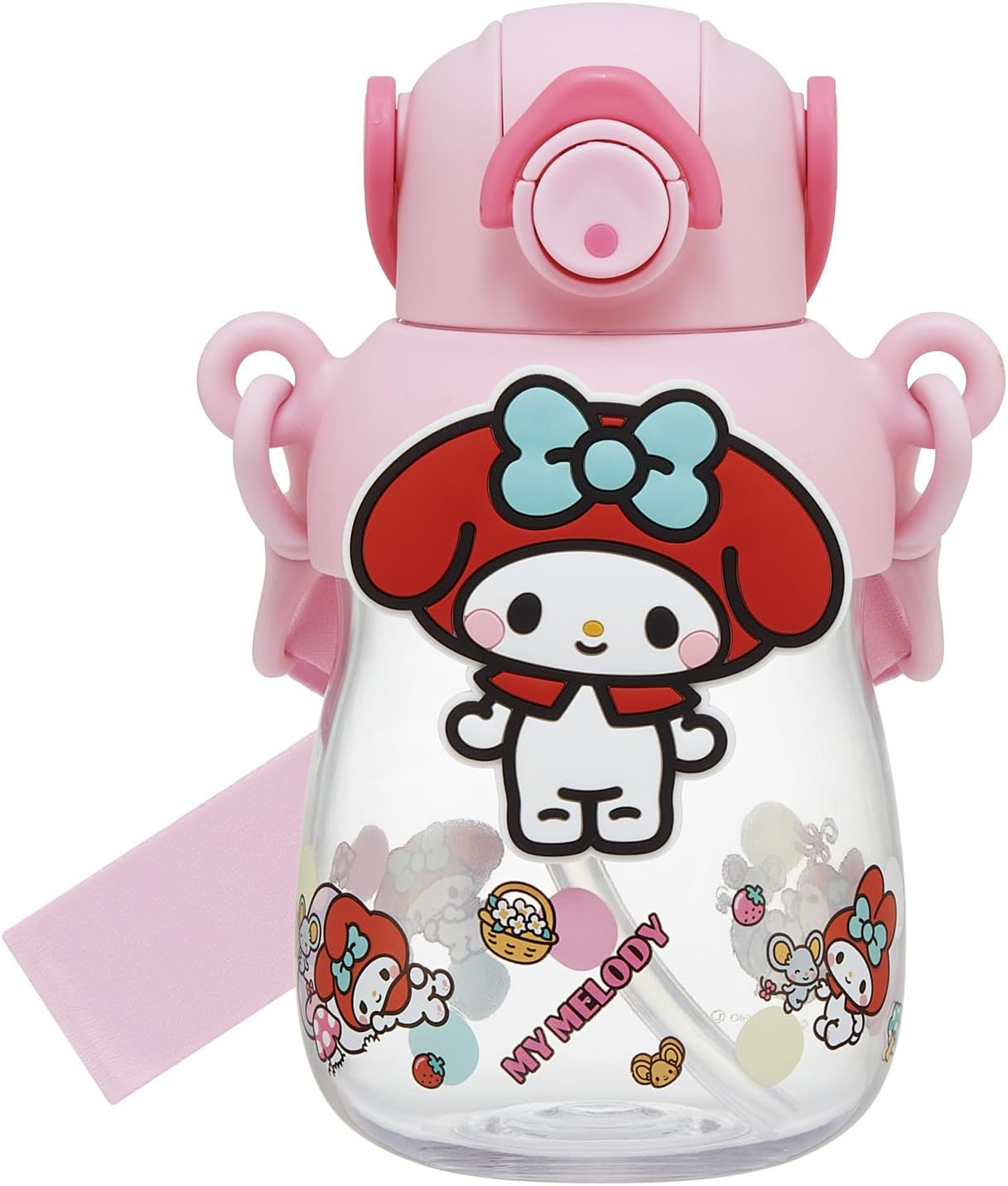 Skater PRMC7ST-A Rubber Mascot Straw Bottle, Water Bottle, 22.9 Fl Oz (650 Ml), One Push Open, Locking Function, Handle Included, Shoulder Strap, Sanrio My Melody, My Melody, My Favorite Days, image number 4