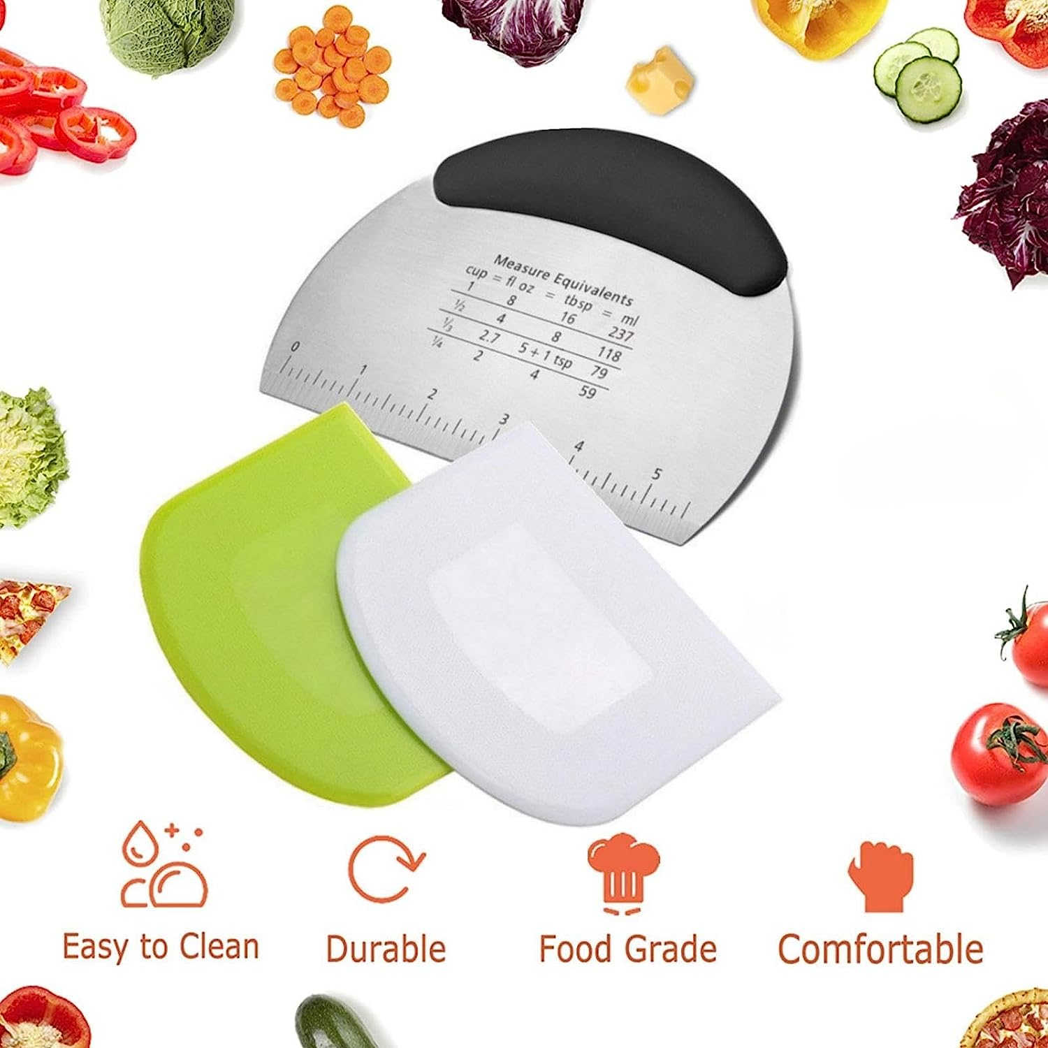 Dough Scraper and Cutter,Premium Stainless Steel Bench Scraper with 2 PCS Flexible Bowl Scraper,Pastry Cutter with Scale,Versatile Kitchen Scraper Set for Pastry Bread Pizza Cake image number 1