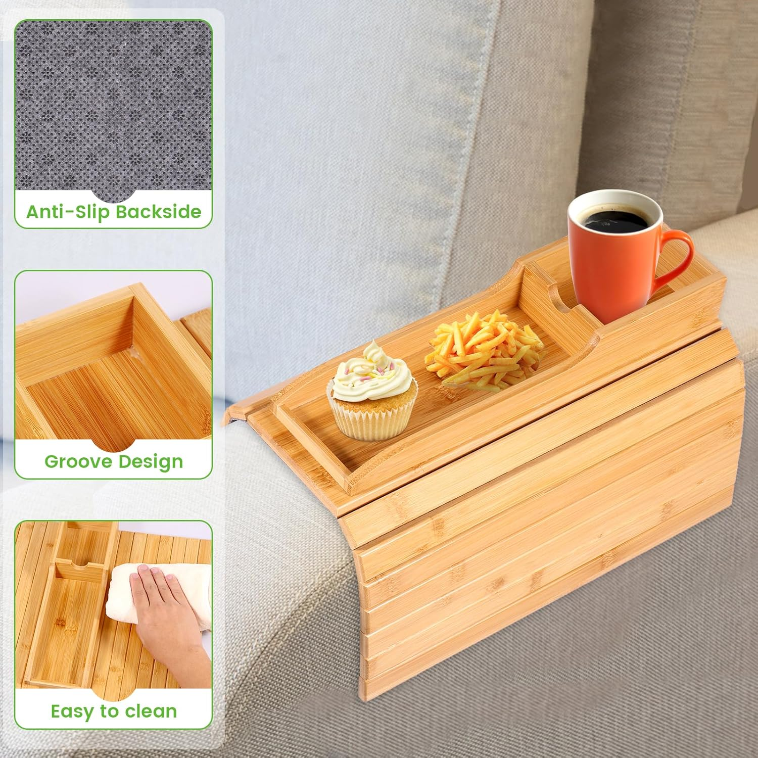 Bamboo Couch Cup Holder, Couch Tray & Cup Holder for Drink & Snack, Versatile Couch Drink Holder & Sofa Armrest Tray with Cup Holder, Protection Armrest Tray for Cups Snacks Remote Control image number 4