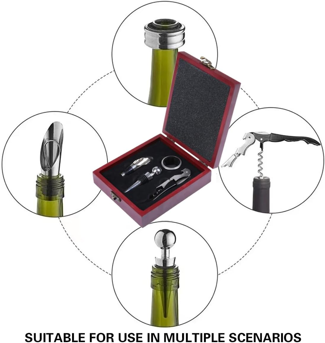AIMALL Stainless Steel Wine Opener Set with Bamboo Box &ndash; 4-In-1 Multifunctional Corkscrew, Stopper, Drip Ring & Pourer for Red Wine, 5.9X6.7X1.85In - Khaki Wooden Box image number 4
