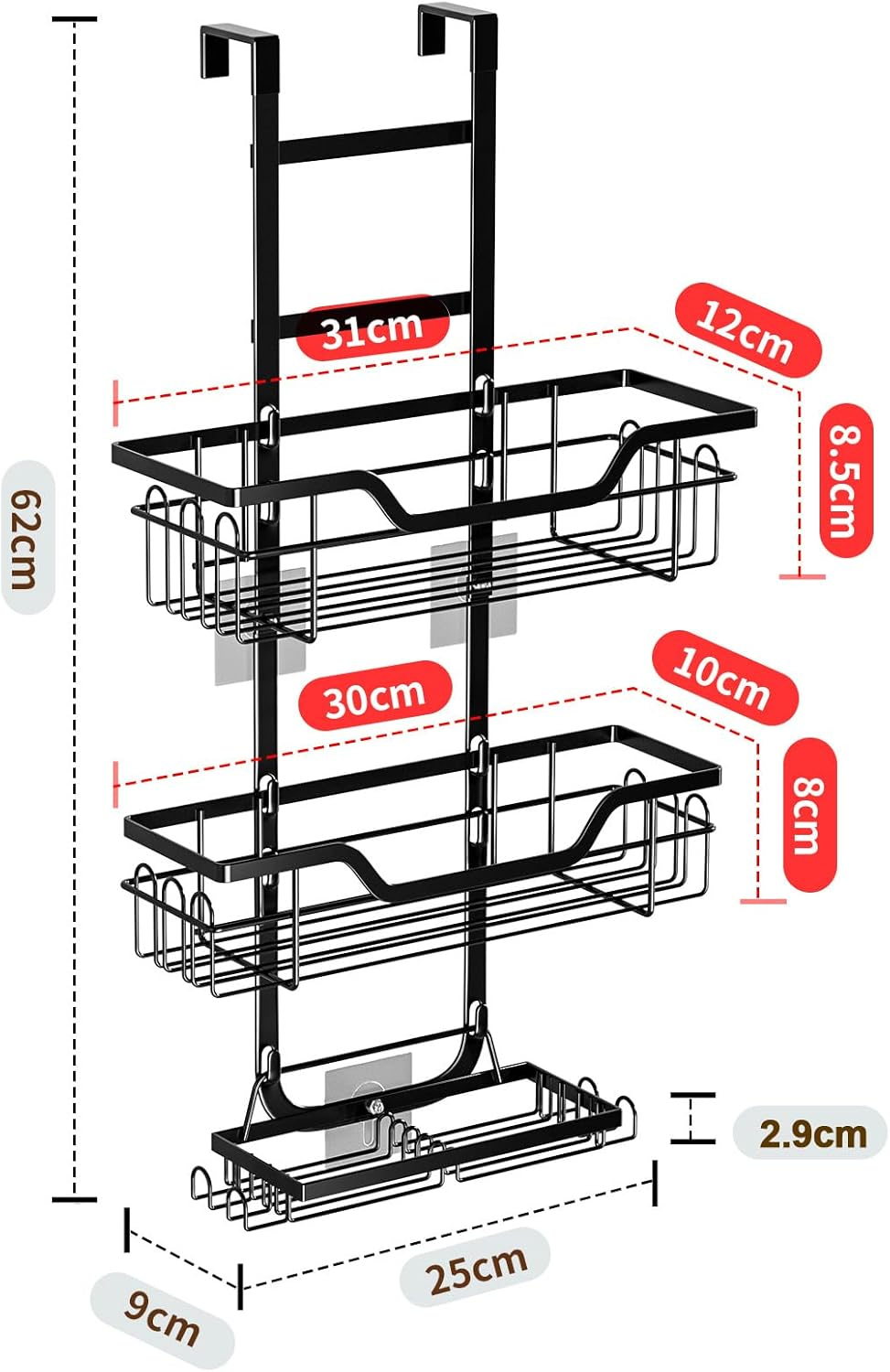 3 Tier over the Door Shower Caddy Hanging, Rustproof Bathroom Caddy Shower Shelf with 4 Hooks,Bathroom Organizer Space-Saving Storage for Shampoo, Soap & Towels image number 2
