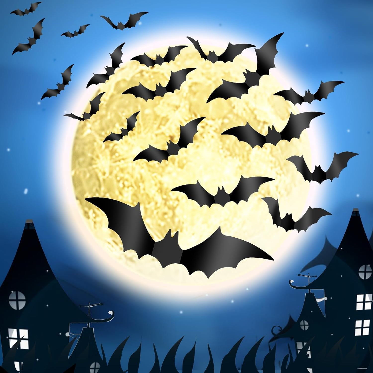 3Tyto Halloween Bat Wall Decals, 56 Pieces 3D Black Decorative Stickers, Party Supplies for Indoor Outdoor Home Decor
