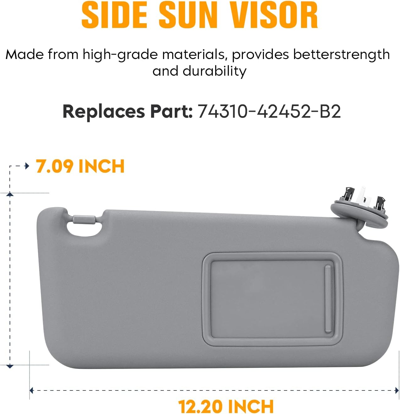 Right Passenger Side Sun Visor for Toyota RAV4 2006 2007 2008 2009 2010 2011 2012 2013, Replace for 74310-42452-B2, Grey Right Side Sun Visor with Light image number 1