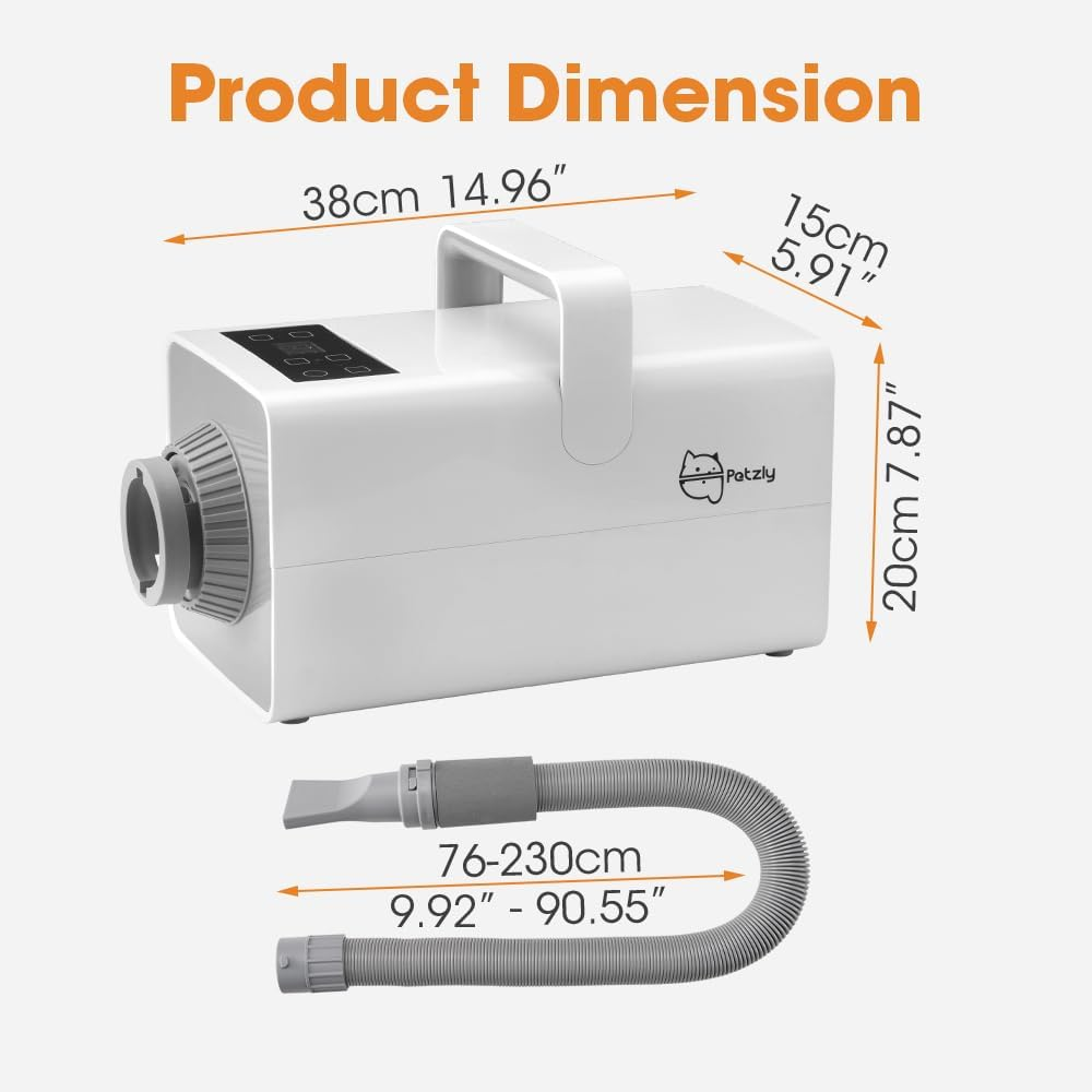 Petzly Dog Dryer, 3200W High Velocity Force Blow Pet Dryer with LCD Touch Panel, Adjustable Speed & Temperature Control, Quiet Dog Hair Dryer with 4 Nozzle, White