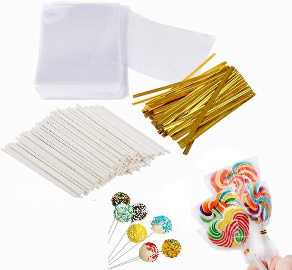 Cake Pop Sticks and Wrappers Kit,100Pcs Parcel Bags, Papery Treat Sticks, 100Pcs Colorful Metallic Twist Ties for Making Lollipops, Cake Pops, Candies, Chocolates and Cookies