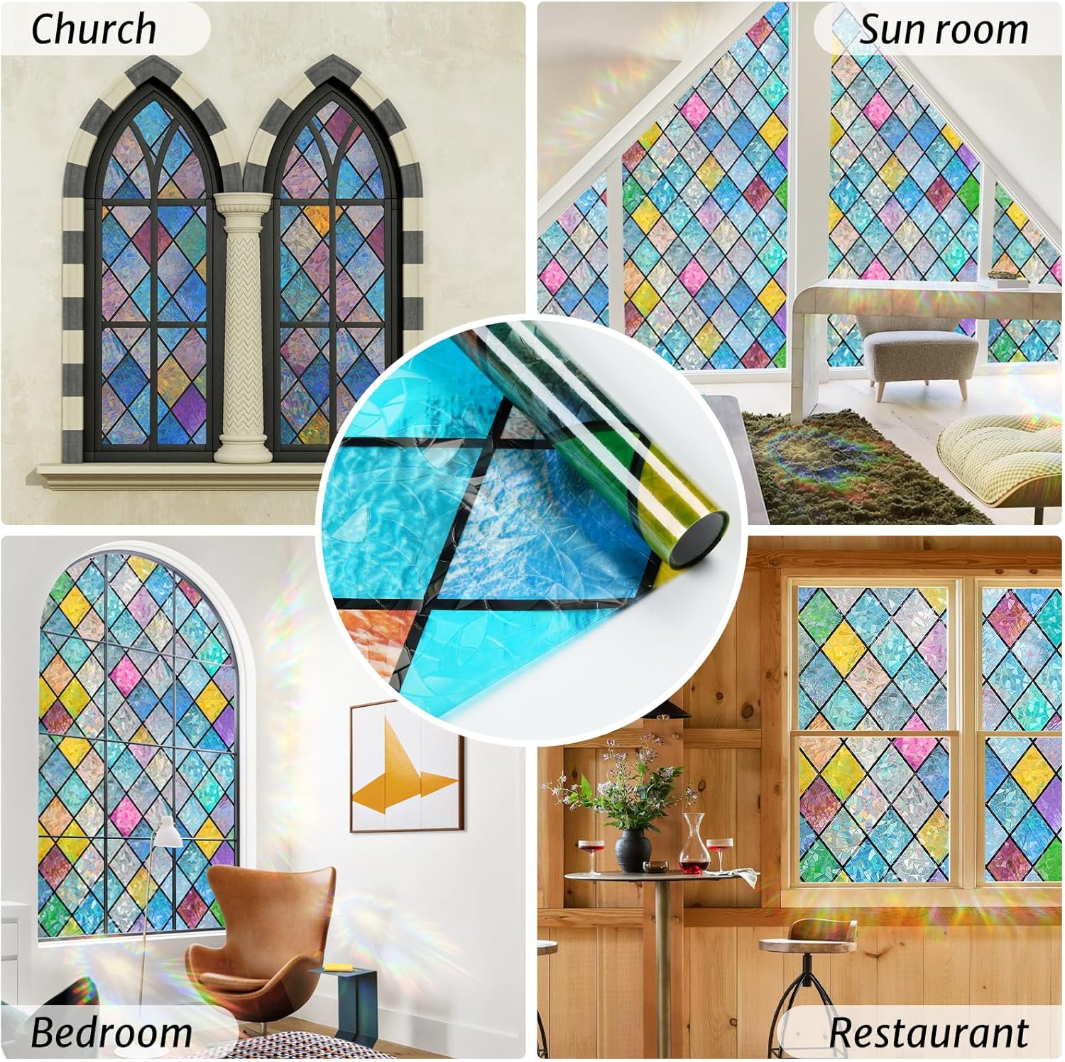 Rabbitgoo Stained Glass Window Film Rainbow Film Decorative 3D Privacy Sticker Colorful Lattice Window Decals Cling, Sun Catcher Static Decals for Home 90X200Cm
