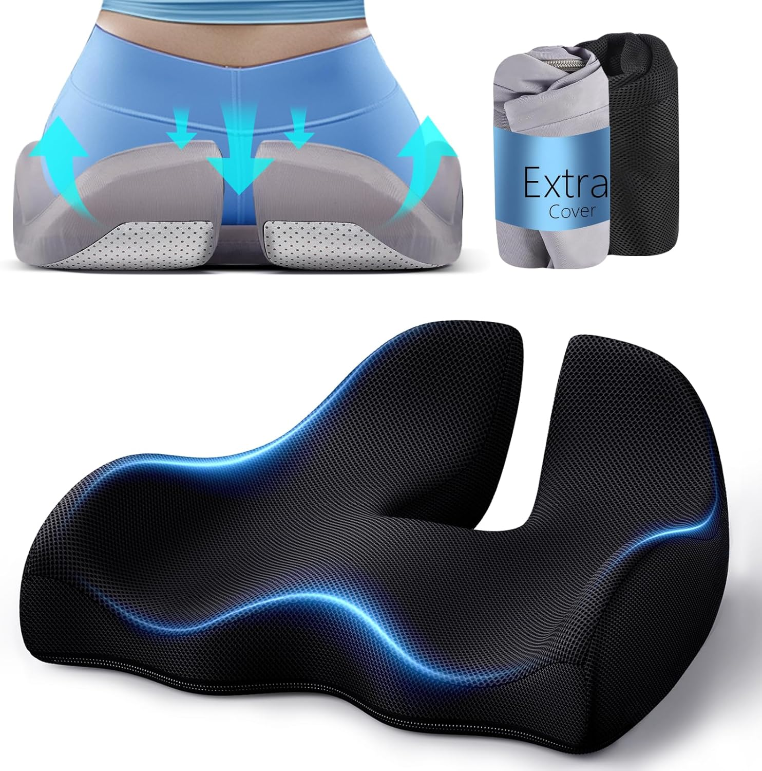 Benazcap with Extra Cover Memory Seat Cushion for Office Chair, Ergonomic Cushions Butt Pillow for Sciatica & Tailbone Pain Relief for Long Sitting for Gaming Chair and Car Seat image number 1