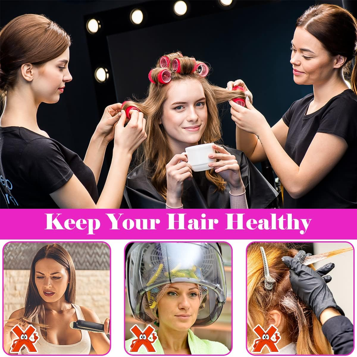 Encuryna Pack of 50 Hair Rollers Set, Self-Adhesive Hair Rollers, Curlers, Adhesive Rollers, Curls without Heat Curlers with Comb and Duck Beak Clips for Women, Salon, Barber, Hairdresser