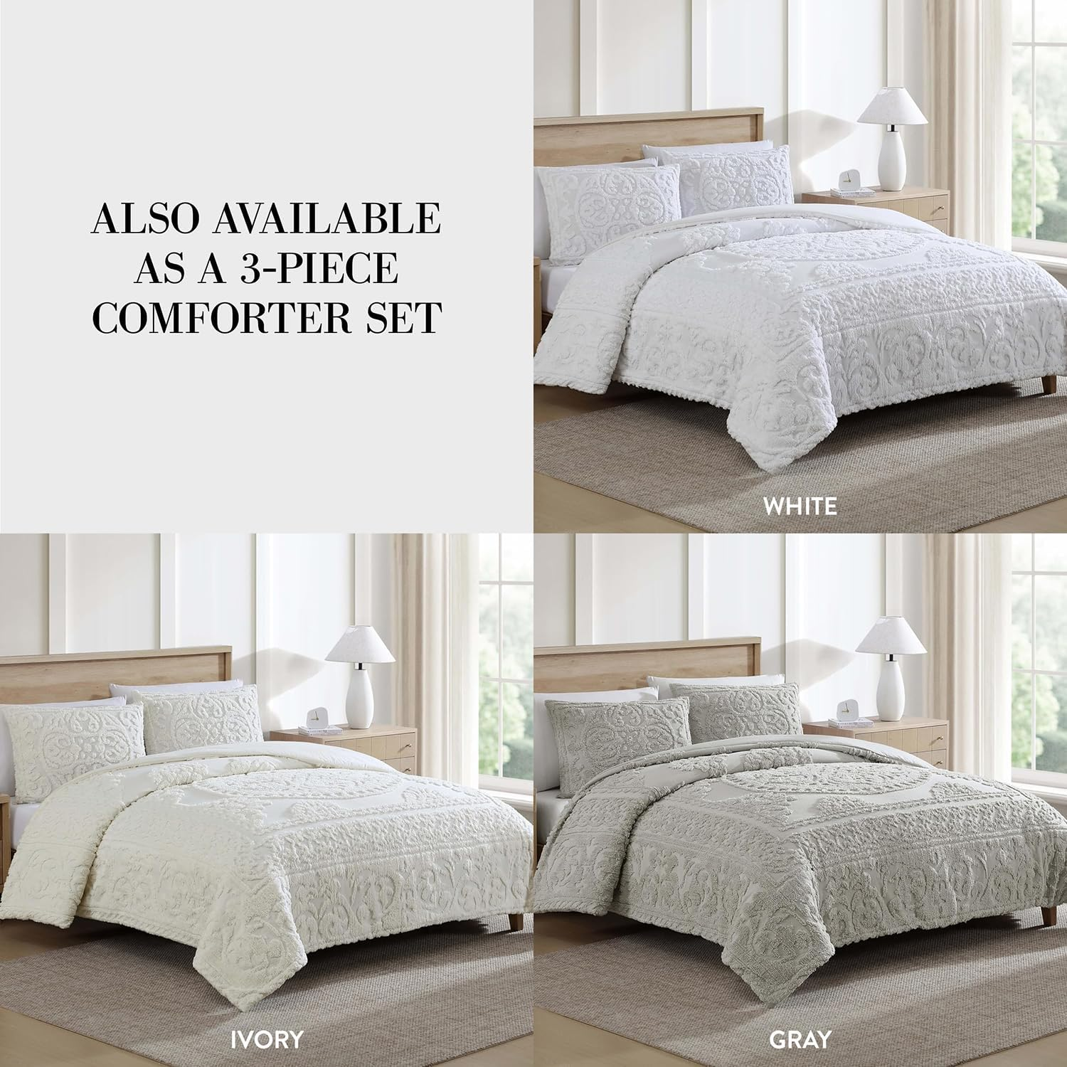 (Queen, White) - Beatrice Home Fashions Medallion Chenille Bedspread image number 4