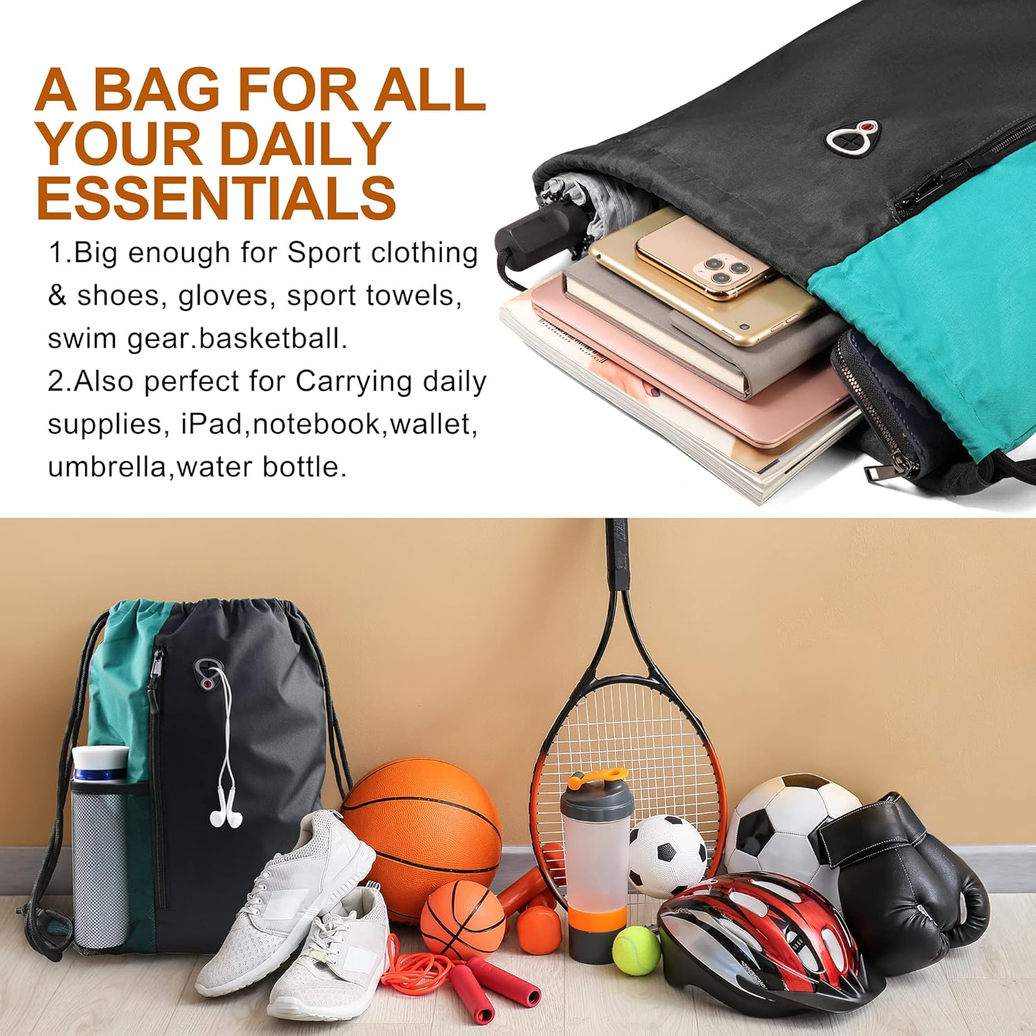 Drawstring Backpack Sports Gym Bag for Women Men Children Large Size with Zipper and Water Bottle Mesh Pockets, Womens image number 3