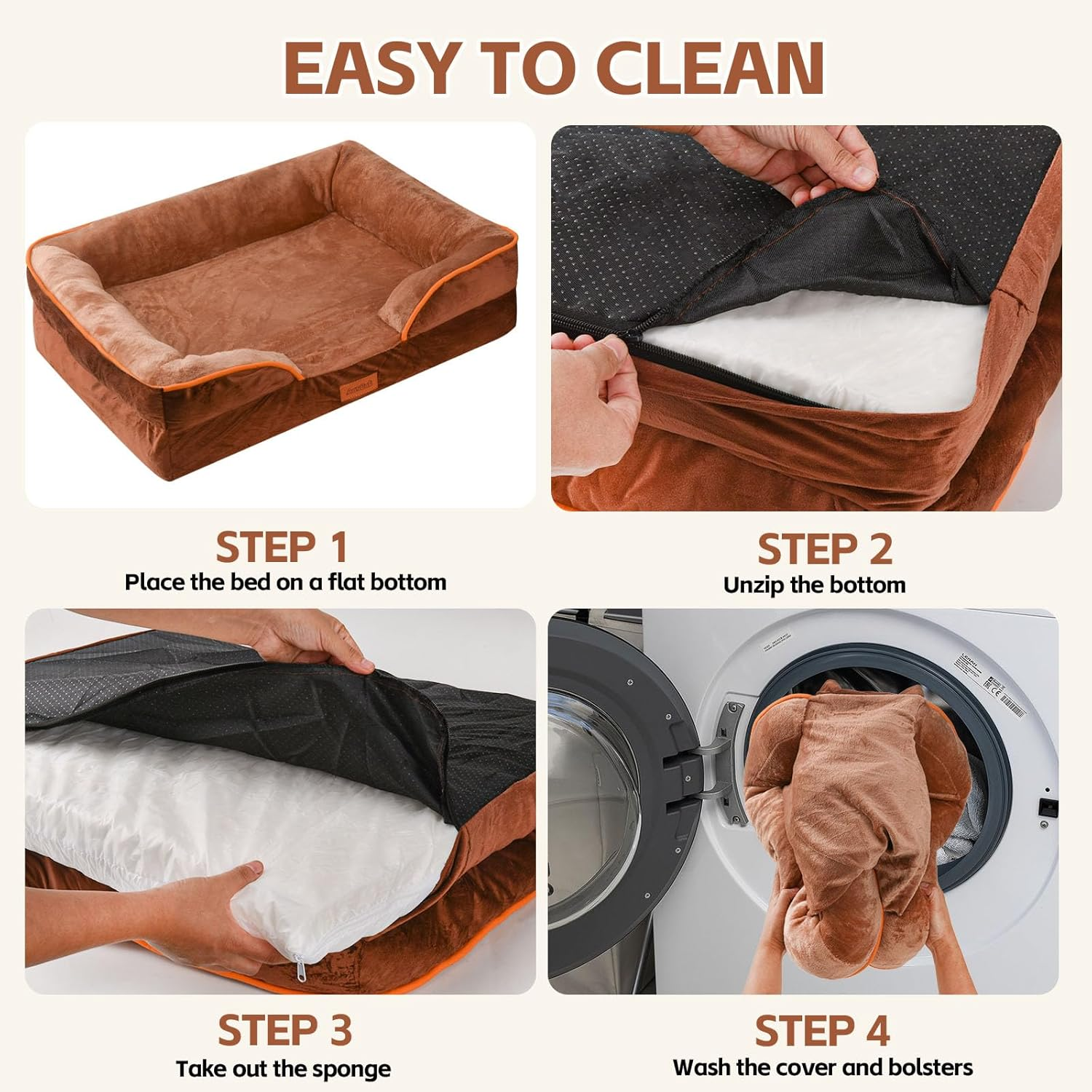 AUSCAT Dog Bed for Small Dogs -Foam Sofa, Waterproof Lining and Nonskid Bottom Couch (Brown) image number 2