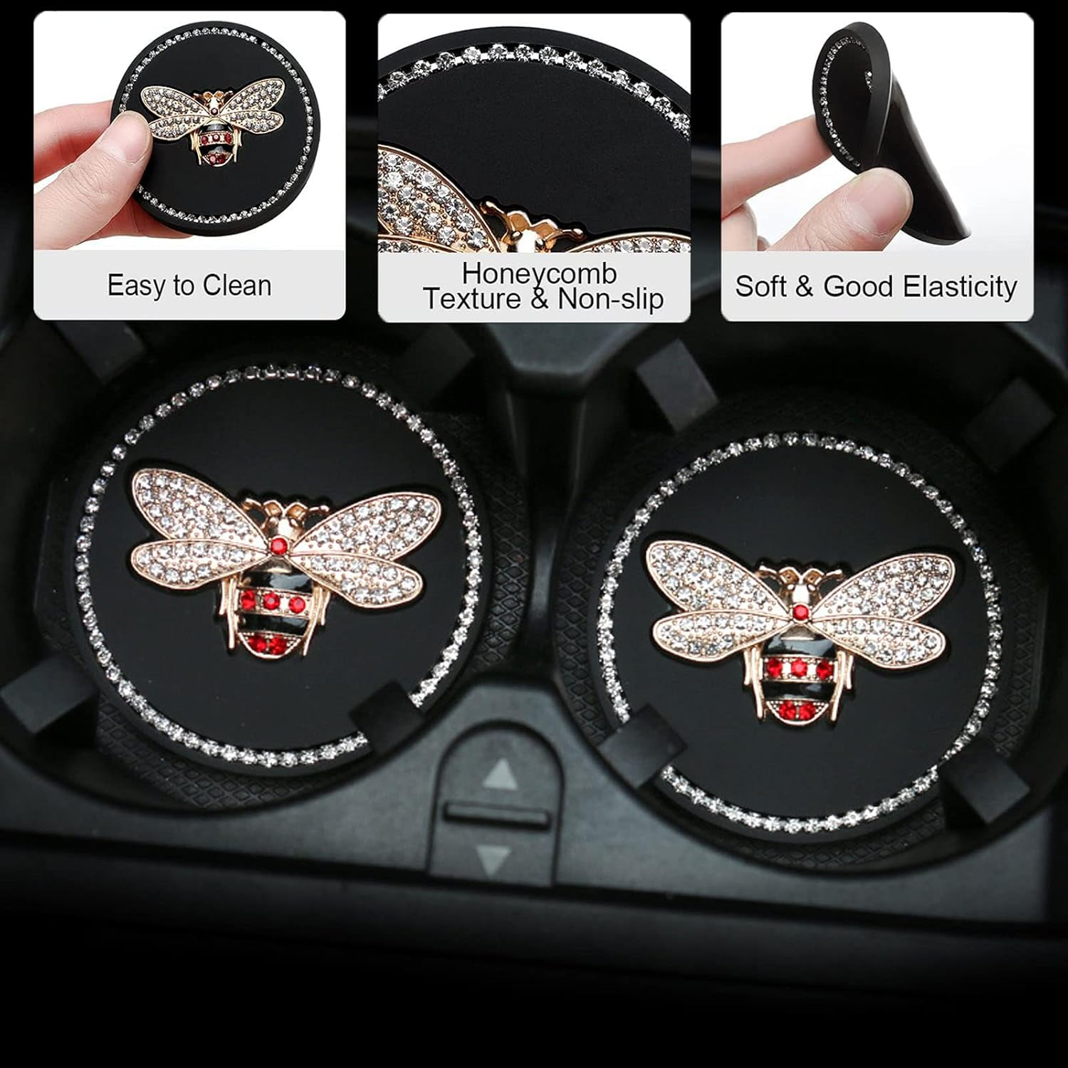Bling Cup Holder Insert Coaster- 2.95 Inch Silicone Anti-Slip Shockproof, Universal Fashion Car Interior Accessories for Women (Bee, 2 PCS)