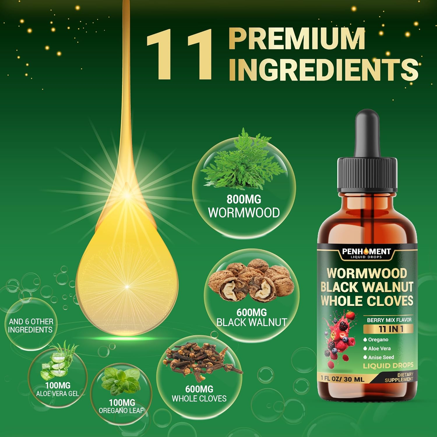 10In1 Wormwood Tincture - Black Walnut, Whole Cloves, Reishi Mushroom & 4 More - Wormwood Liquid Drops - 1 FL OZ for 2 Months Supply - Berry Mix Flavor image number 3