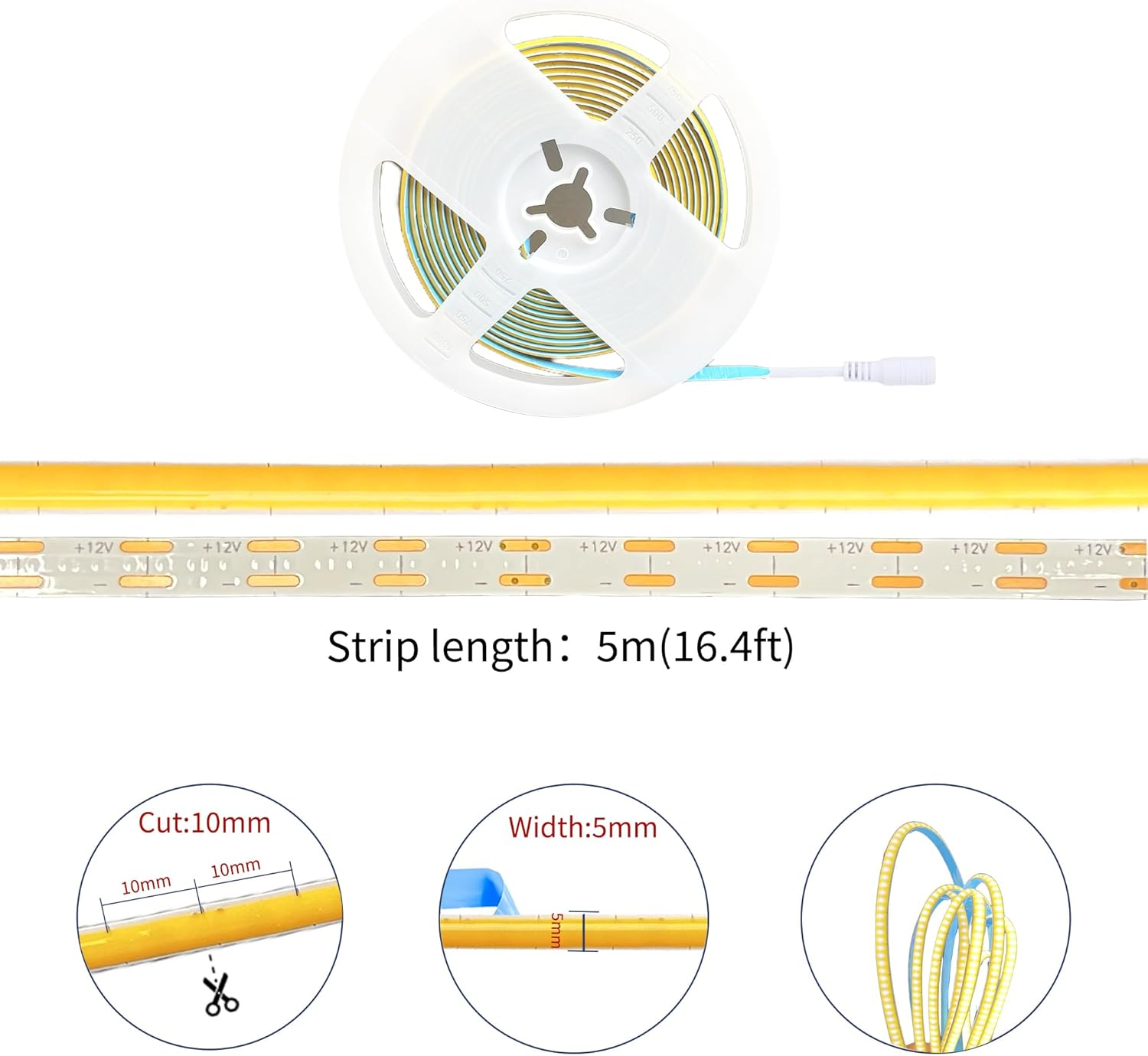 12V 5Mm Width COB LED Strip Lights(No Power Supply),16.4Ft/5M,Warm White 3000K,400Leds/M,With 5521DC Female Connector,10W/M,Cri90,4500Lm,Electroplated Double-Sided Panel Light Strip,Ip20 - Coolwhite-6500K image number 7
