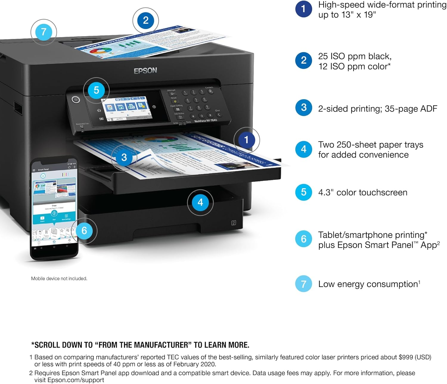 Epson Workforce Pro WF-7840 Wireless All-In-One Wide-Format Printer with Auto 2-Sided Print up to 13" X 19", Copy, Scan and Fax, 50-Page ADF, 500-Sheet Paper Capacity, Works with Alexa, Black, Large image number 5