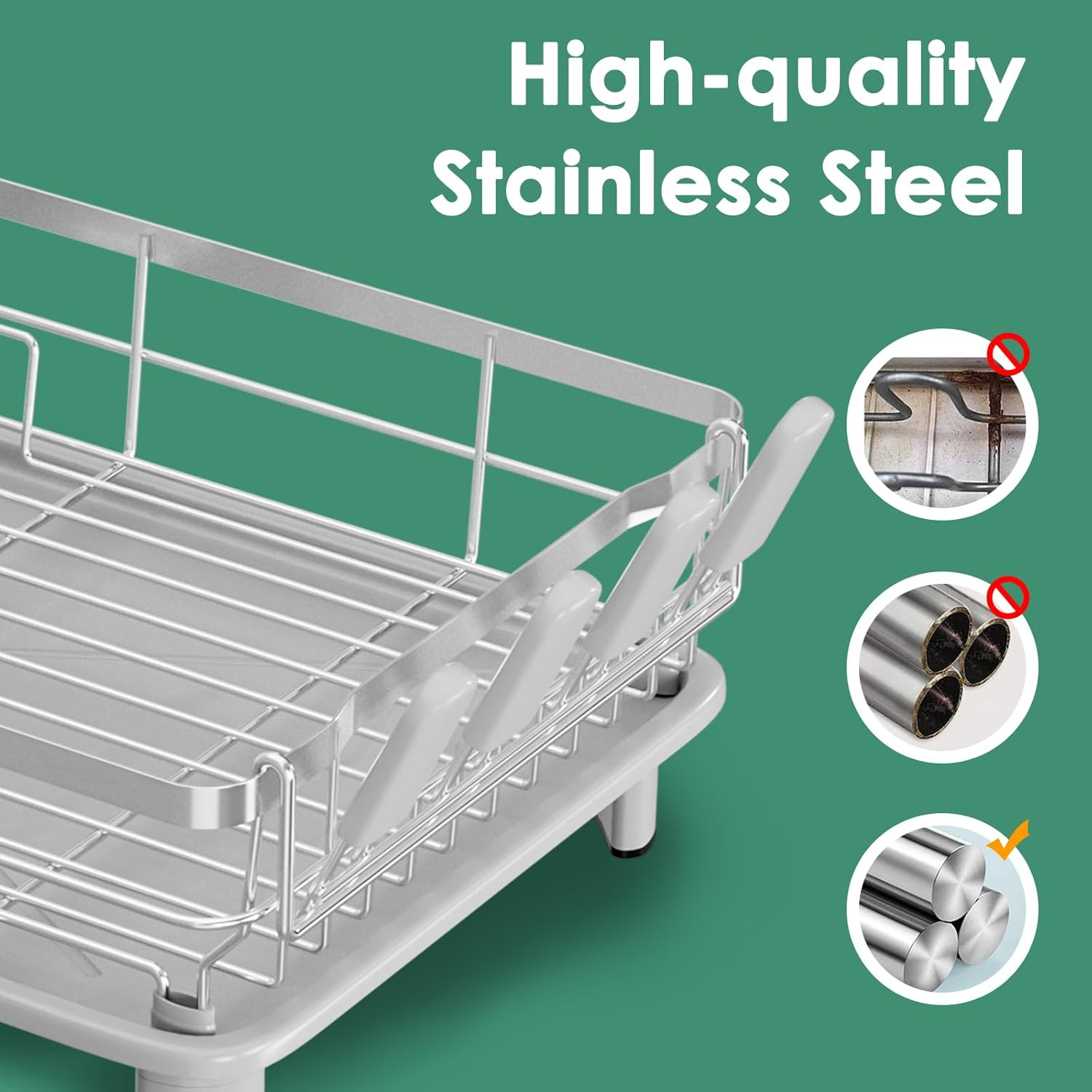 Sandream Dish Drying Rack, Dish Rack, Stainless Steel Dish Drainer for Kitchen Counter, Dish Rack with Draining Tray & Cutlery Utensil Holder, Kitchen Storage & Organisation(Grey) - Black image number 6