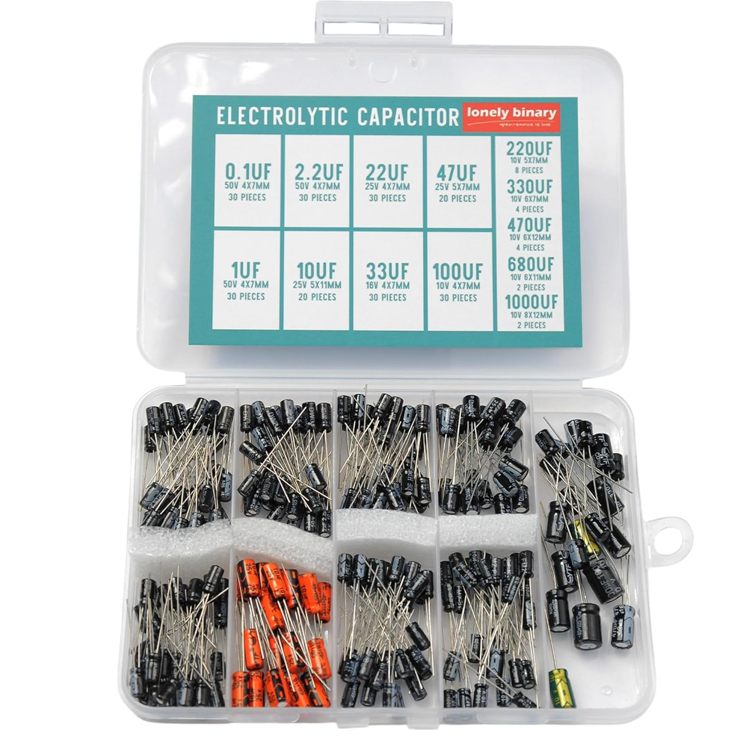 240-Piece Electrolytic Capacitor Assortment Kit &ndash; 13 Values from 0.1&Mu;f to 1000&Mu;f in Compact Organizer Box for Arduino, Raspberry Pi, ESP32, DIY Electronics, and Repair Projects image number 3