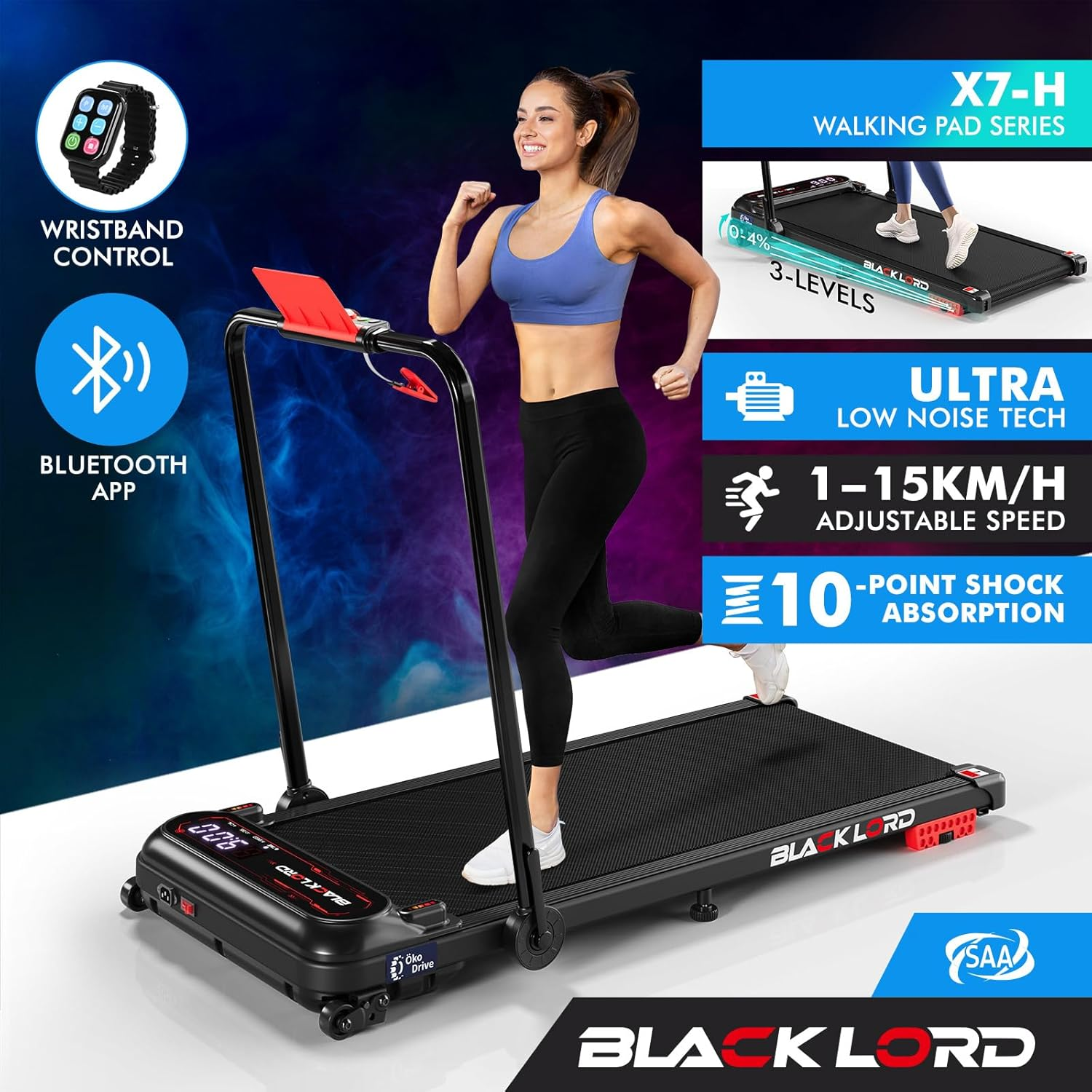 BLACK LORD X7-H Series Black Walking Pad under Desk with 3-Level Incline and Foldable Handle, 3.0HP Treadmill 11KM/H Max Speed, Jogging Running Machine for Home Gym Work Out image number 6
