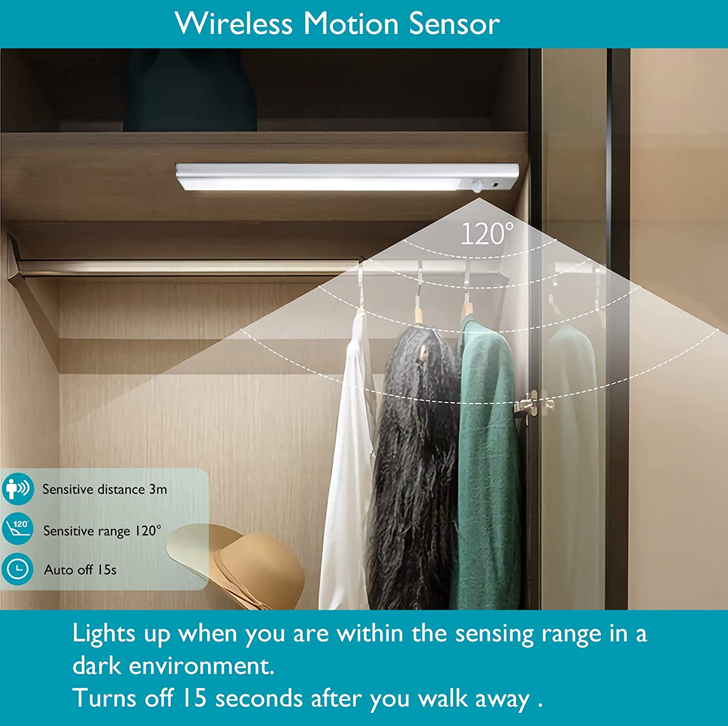 Closet Lights, under Cabinet Lighting, 31-LED 6000K Wireless USB Rechargeable Motion Sensor Night Light Bars with Battery Operated for Wardrobe/Stairs/Hallway/Camping/Kitchen (Silver, 20Cm-3Pc) image number 2