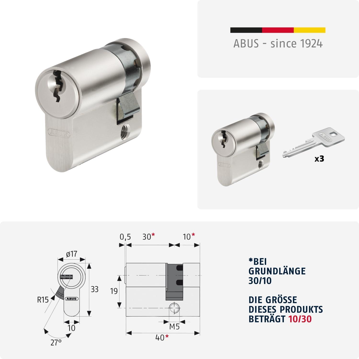 ABUS E20NP 598005 Profile Cylinder Lock with 3 Keys 10/30 image number 2