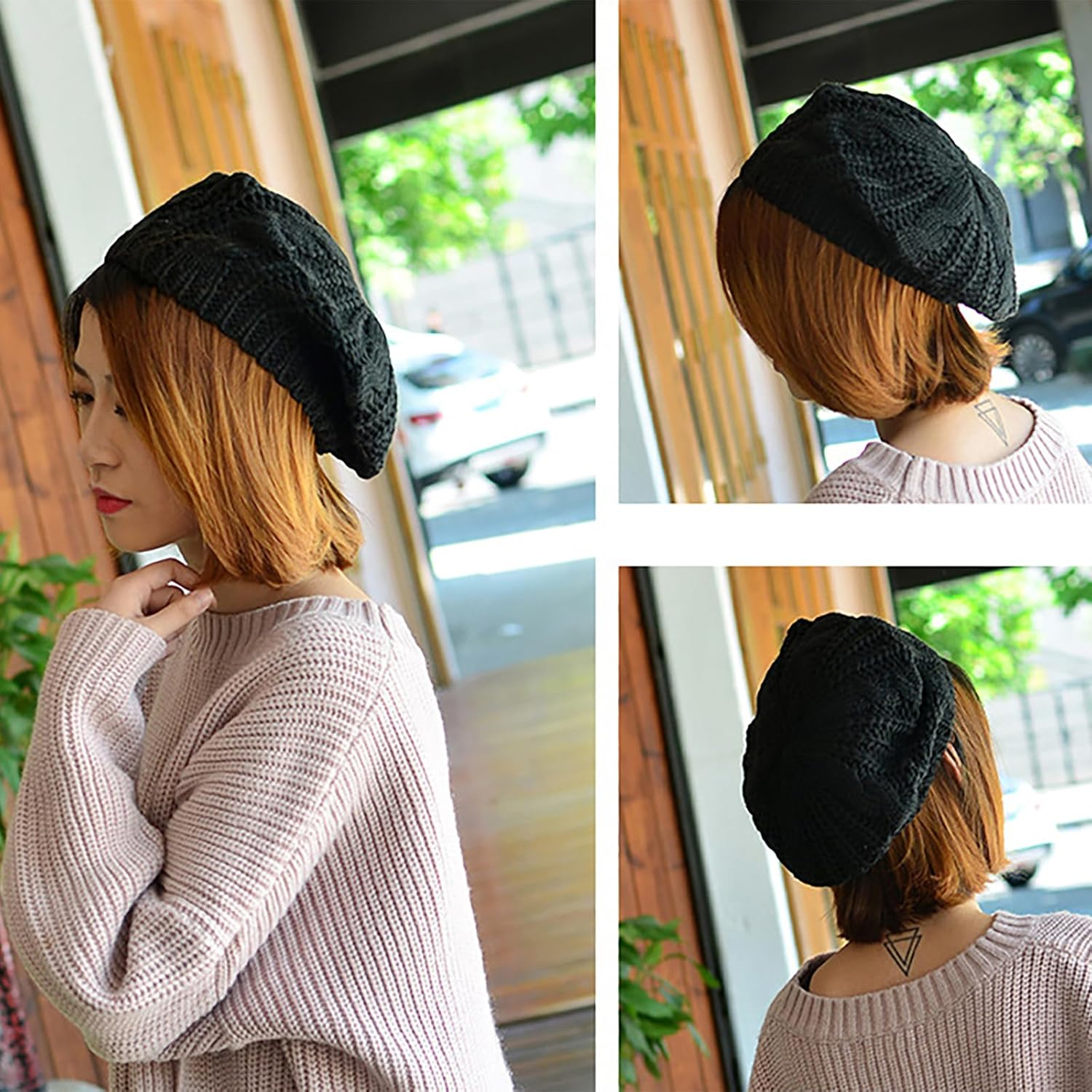 Slouchy French Beret Womens Knit Beret Hat Black Crochet Beret Hat Warm Knitted Hat Ladies Hats for Cold Weather Autumn Winter image number 1
