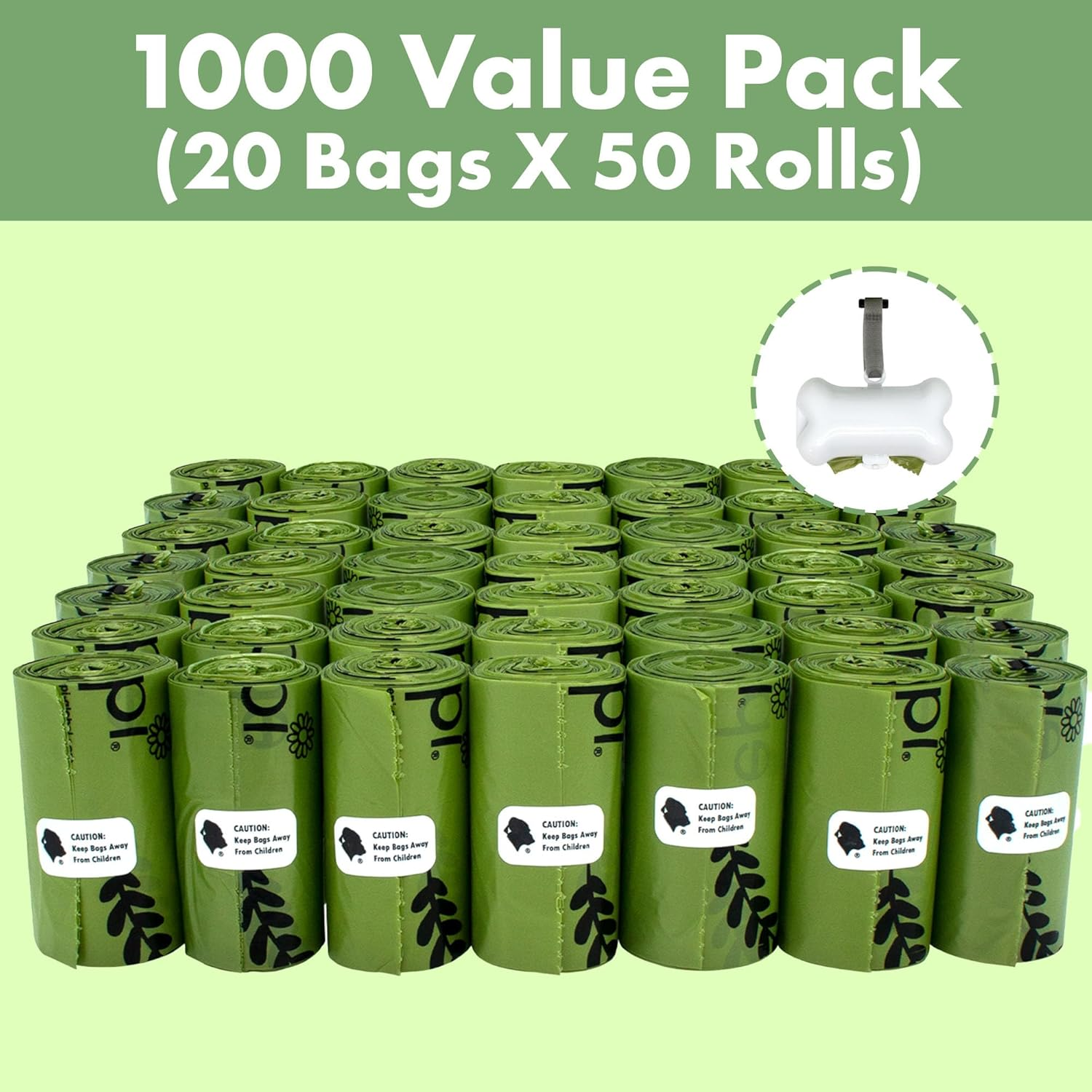 Gorilla Supply 1000 Green Dog Pet Poop Bags, EPI Technology, 50 Refill Rolls (Free Patented Dispenser) image number 1