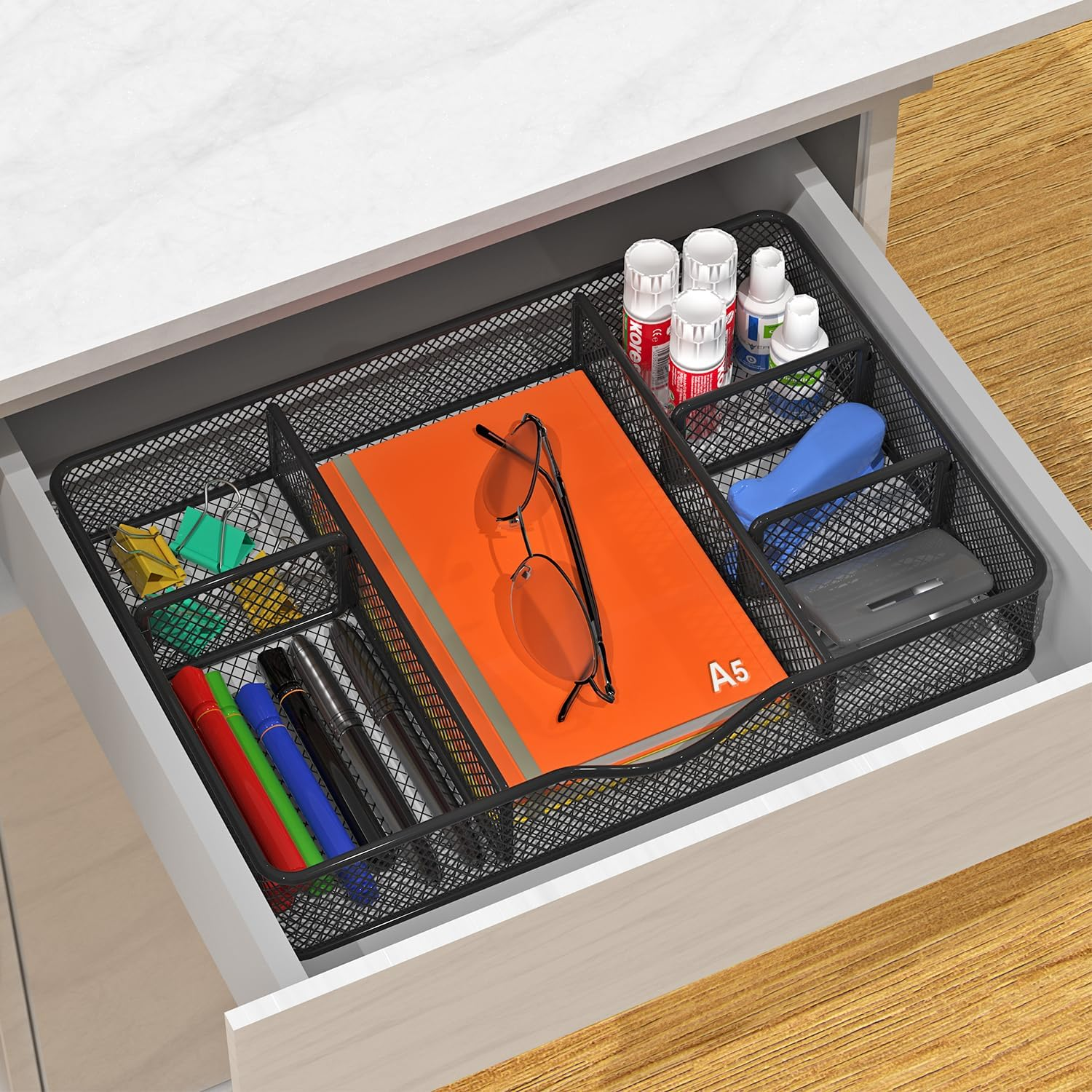 Vygrow Desk Drawer Organizer, Metal Mesh Drawer Organizer Tray with 6 Adjustable Compartment, Tray Organizer for Desktop, Kitchen, Bathroom, Makeup, Vanity - 14.5X8.8X1.96 Inch, Black, 1PC Large - Black image number 5