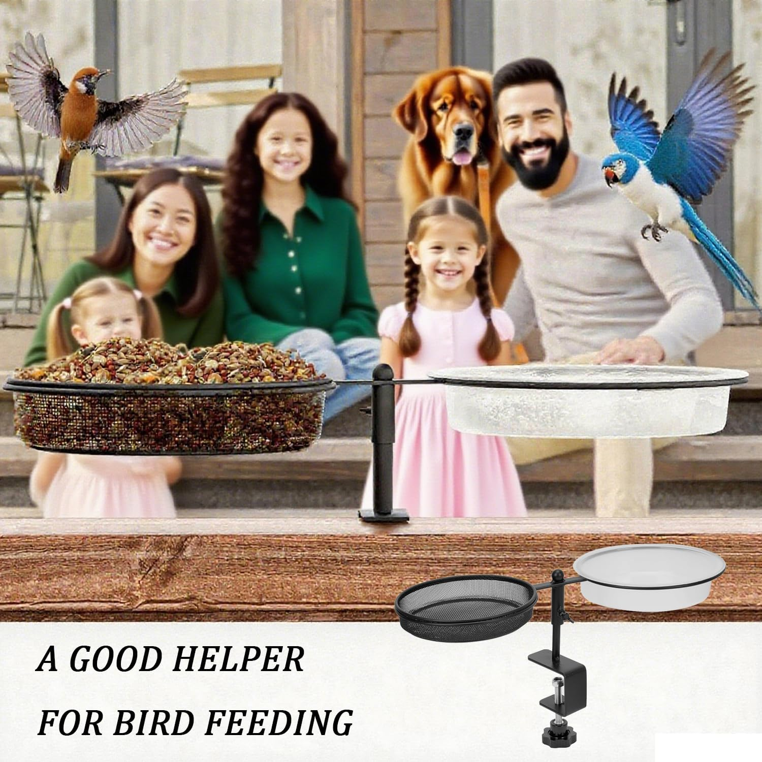 Xinghonyac Deck Bird Feeder, 2 in 1 Wild Bird Bath & Water Food Container Station, Detachable Platform Bird Feeder with Metal Mesh Tray and Water Bowl for Garden, Yard, Balcony, Outdoor Deck