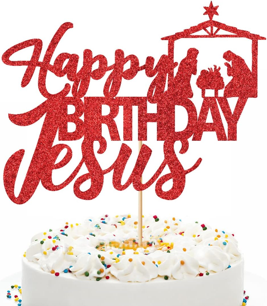 Happy Birthday Jesus Cake Topper Red Glitter Jesus Birthday Cake Decorations Good Friday Cake Decoration Easter Party Decorations Christmas Party Decoration Supplies image number 1