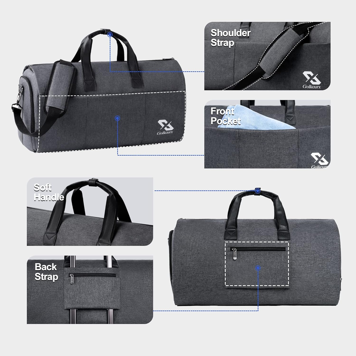 Golkcurx Convertible Garment Bag for Travel,Carry on Garment Duffle Bag with Shoe Compartment, Detachable Shoulder Strap - 2 in 1 ， for Men Women, Black, 21.3 X 13 X 11 Inches image number 6