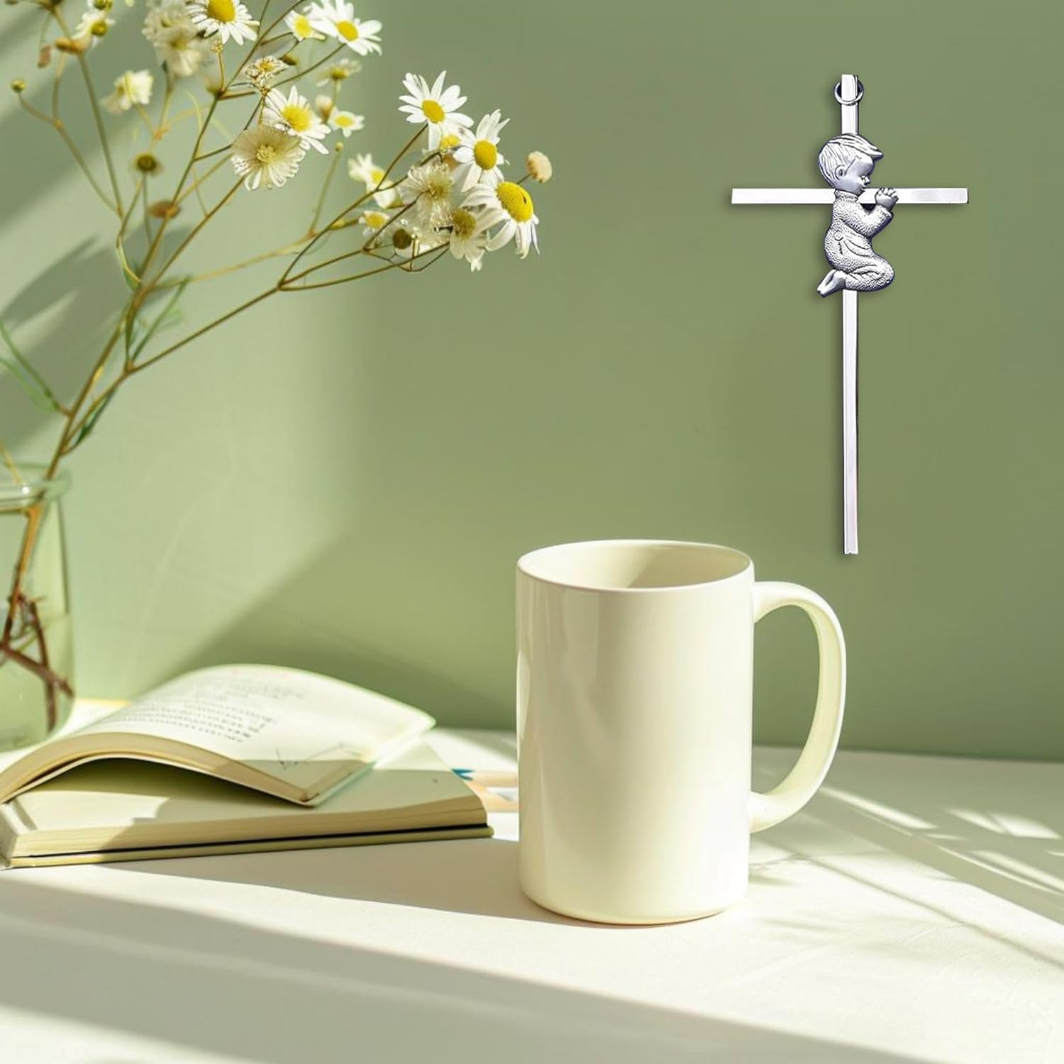 Silver Boy Wall Cross, Blessing Baby Metal Cross, Praying Boy Plaque Wall Decor Cross, Great for Baptism, Perfect for First Holy Communion, Baby Shower, Birthday and Christening (2) image number 5