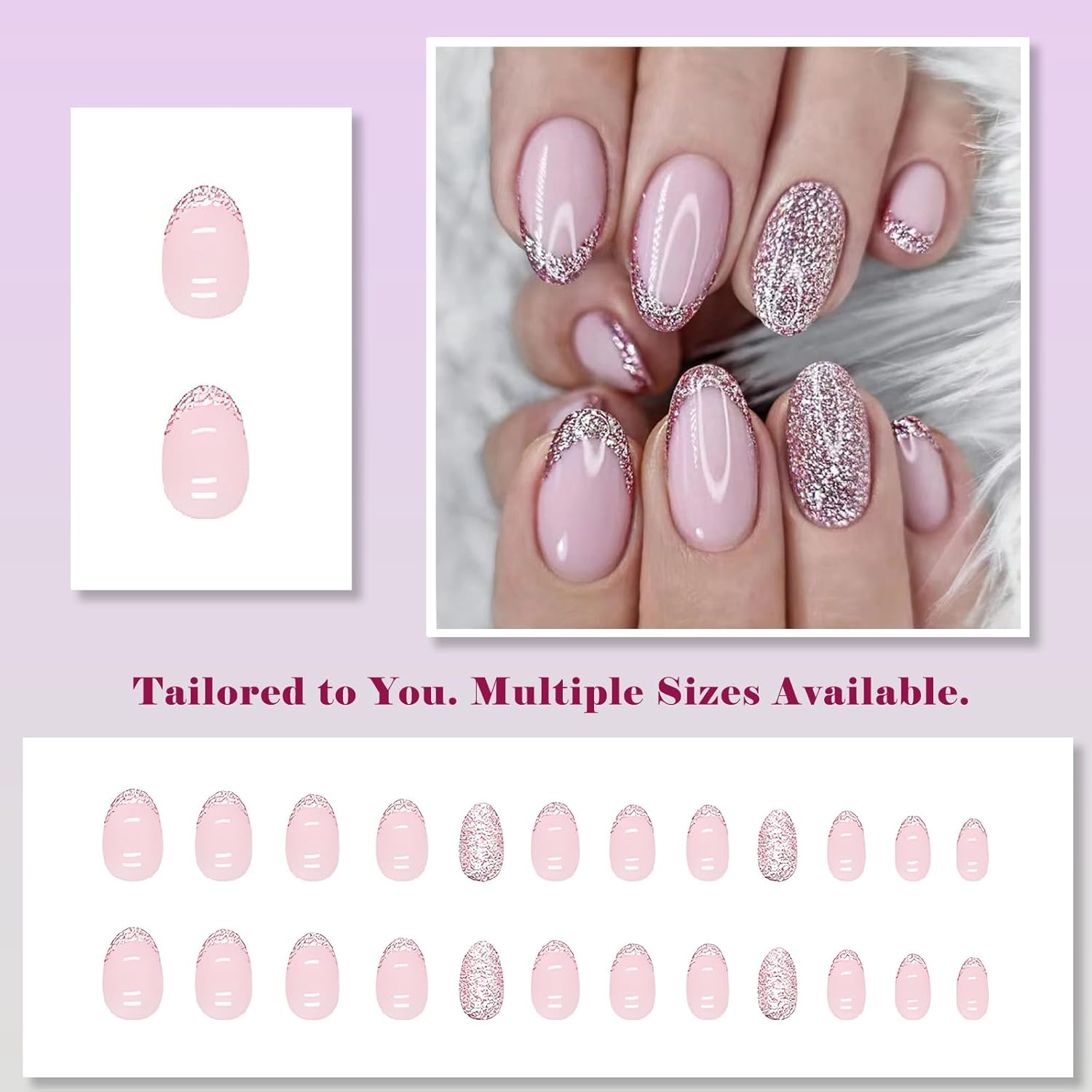 24 Pcs Short Glitter-Pink Press-On Nails, Glossy French Tip False Nails &ndash; 12 Sizes Custom Fit, Durable Abs/Acrylic, Adhesive Tabs Included, DIY Manicure Set for Women & Girls - Frosted Glass image number 5