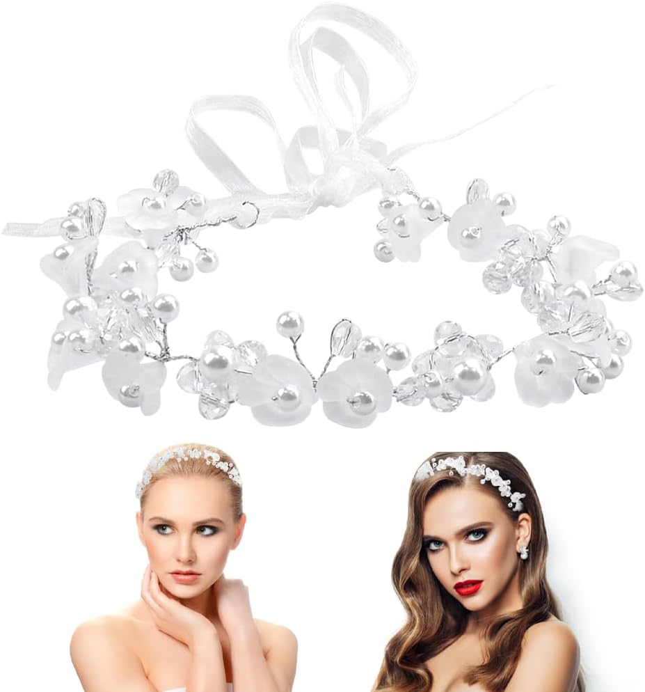 PEALOVCOM Bridal Hair Accessories Pearls Wedding Communion Headband Bridal Headpiece Hair Wreath White Pearl Headband with Adjustable Chiffon Band for Bride Bridesmaid Flower Girl Women Girls, Resin image number 1