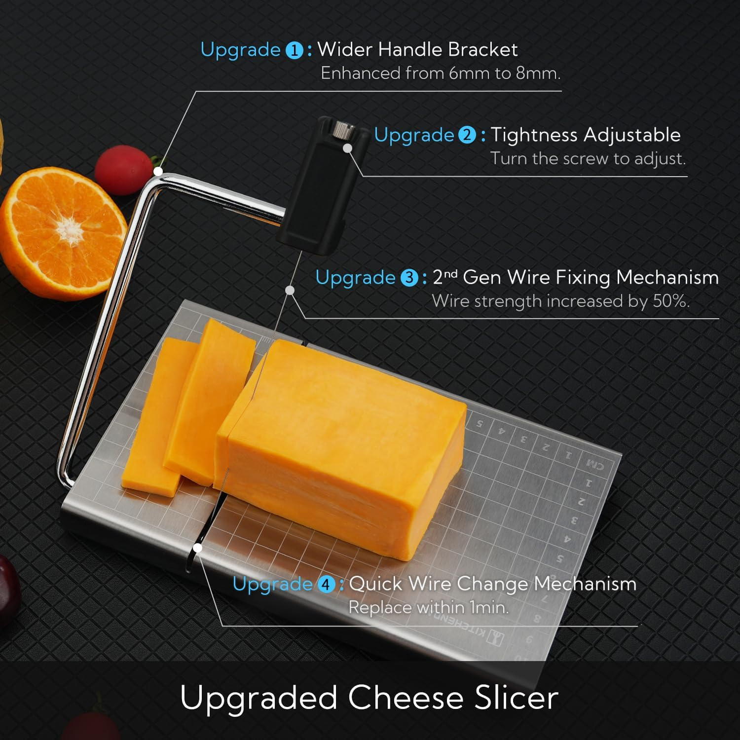 KITCHENDAO Replaceable Wire Cheese Slicer with Board and Measuring Grids,Tightness Adjustable Cheese Slicer, Stainless Steel Metal Cheese Cutter for Block Cheese, Dishwasher Safe, with 2 Extra Wires image number 4