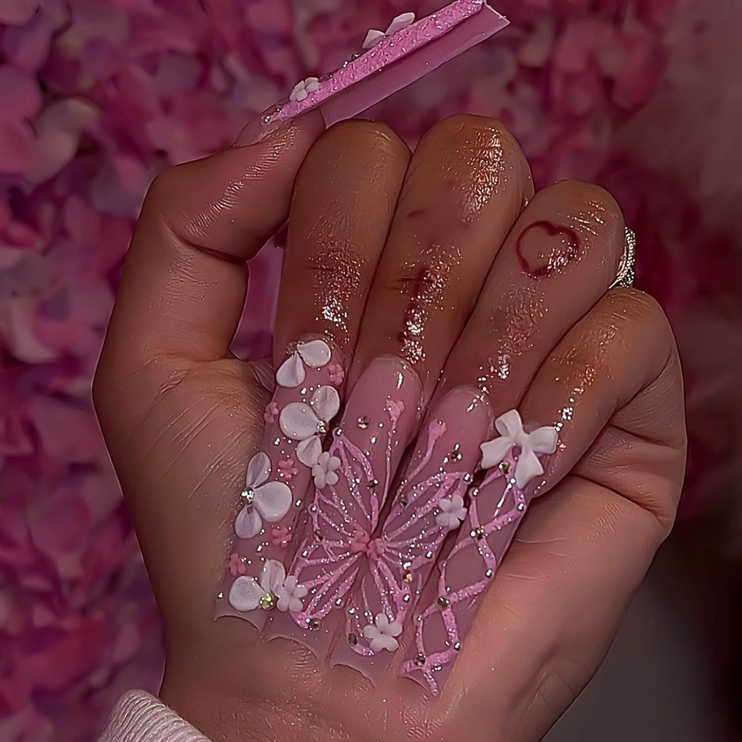 RUOKEXIN Square Long False Nails, Pink French Tip, Glitter, Butterfly Designs, Glue White Flowers, Artificial Cute Stick for Women, 24 Pieces image number 5