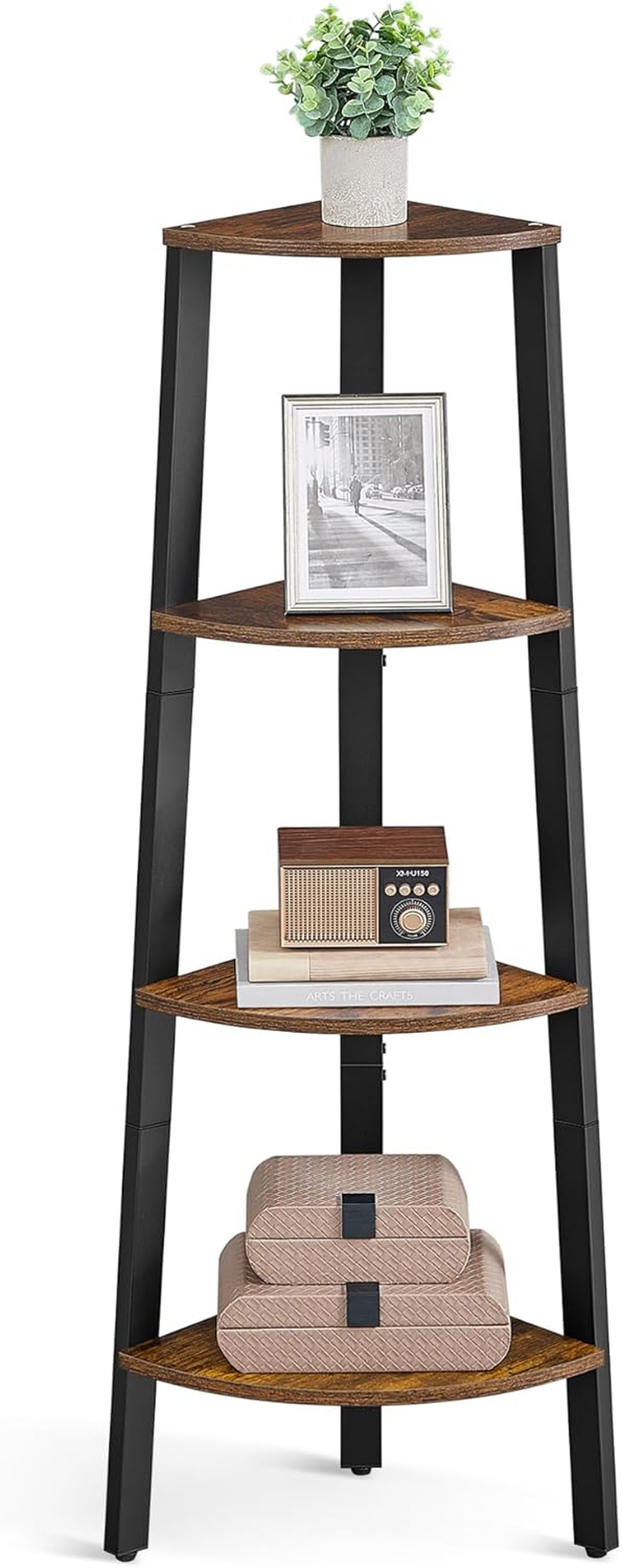 VASAGLE Corner Shelf Stand, 4-Tier Corner Bookshelf, Industrial Corner Ladder Shelf, Plant Stand Display Shelf for Living Room, Office, Kitchen, Rustic Brown and Black ULLS34X image number 3