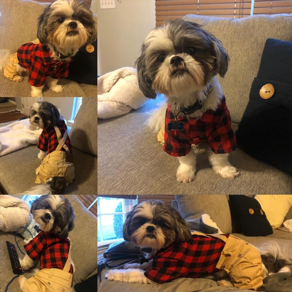 Small Dog Clothes Red Plaid Shirt Khaki Overalls Pants Jumpsuit Outfits Cool Pet Clothes for Small Dogs Cats Boy Girl, Jeans Onesies Pjs Apparel Halloween Christmas Costume Birthday Party Dress image number 5