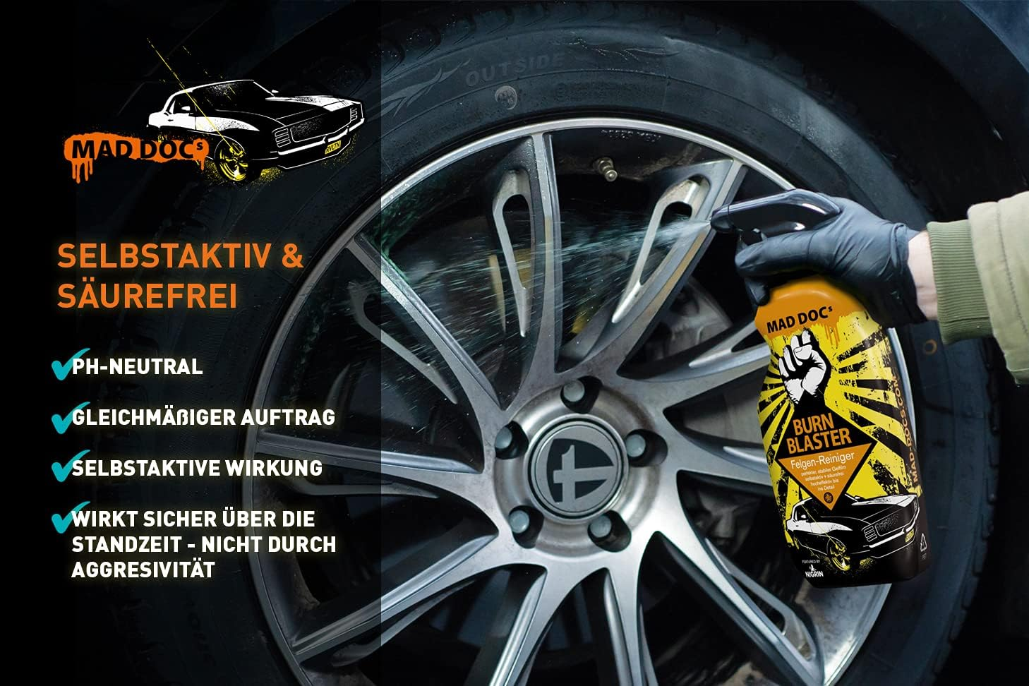 NIGRIN MAD Docs Burn Blaster Wheel Cleaner for Polished, Chrome-Plated and Matte Steel and Alloy Rims, 750 Ml image number 4