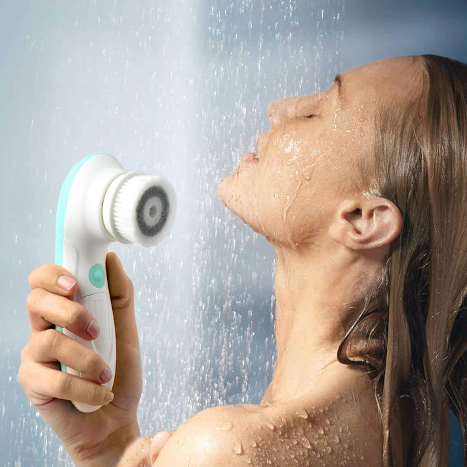 Fancii 7 in 1 Waterproof Electric Facial & Body Cleansing Brush Kit with Handle and 6 Brush Heads - Best Advanced Microdermabrasion Scrub System for Face (Aqua)