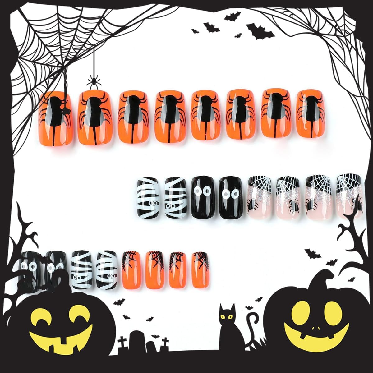 24Pcs Short Square Press on Nails Halloween Cute Fake Nails Black White Spider Web Cartoon Print Glossy Stick on Nails for Women DIY Manicure - Black Pink image number 2