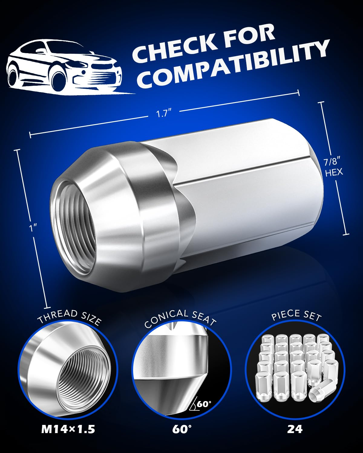 Orion Motor Tech M14X1.5 Lug Nuts, Cone Seat Lug Nut Set with 7/8" Hex, 14X1.5Mm Wheel Lug Nuts Compatible with Buick Dodge Cadillac Chrysler Chevy Silverado, GM 9596070 611-236, Set of 24, Chrome image number 4