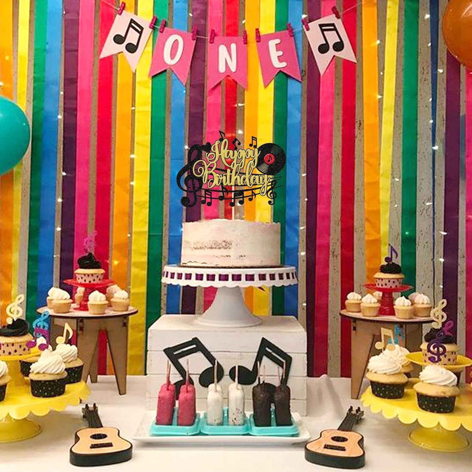 SYKYCTCY 1 Pack Music Happy Birthday Cake Topper Glitter Musical Symbol Note Microphone Lover Birthday Cake Pick for Music Concert Singer Theme Birthday Party Cake Decoration Supplies (#1) image number 4