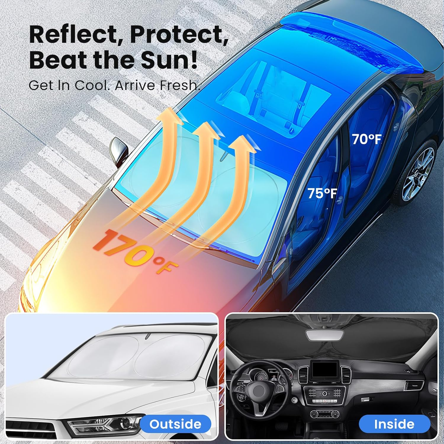 Magnelex Car Windshield Sunshade | Advanced Light-Blocking Protection | Foldable Sun Shade with Mirror Cut-Out Keeps Your Vehicle Cool | Fit for Cars, Trucks, and Suvs | Xlarge (66 X 36 In) image number 6