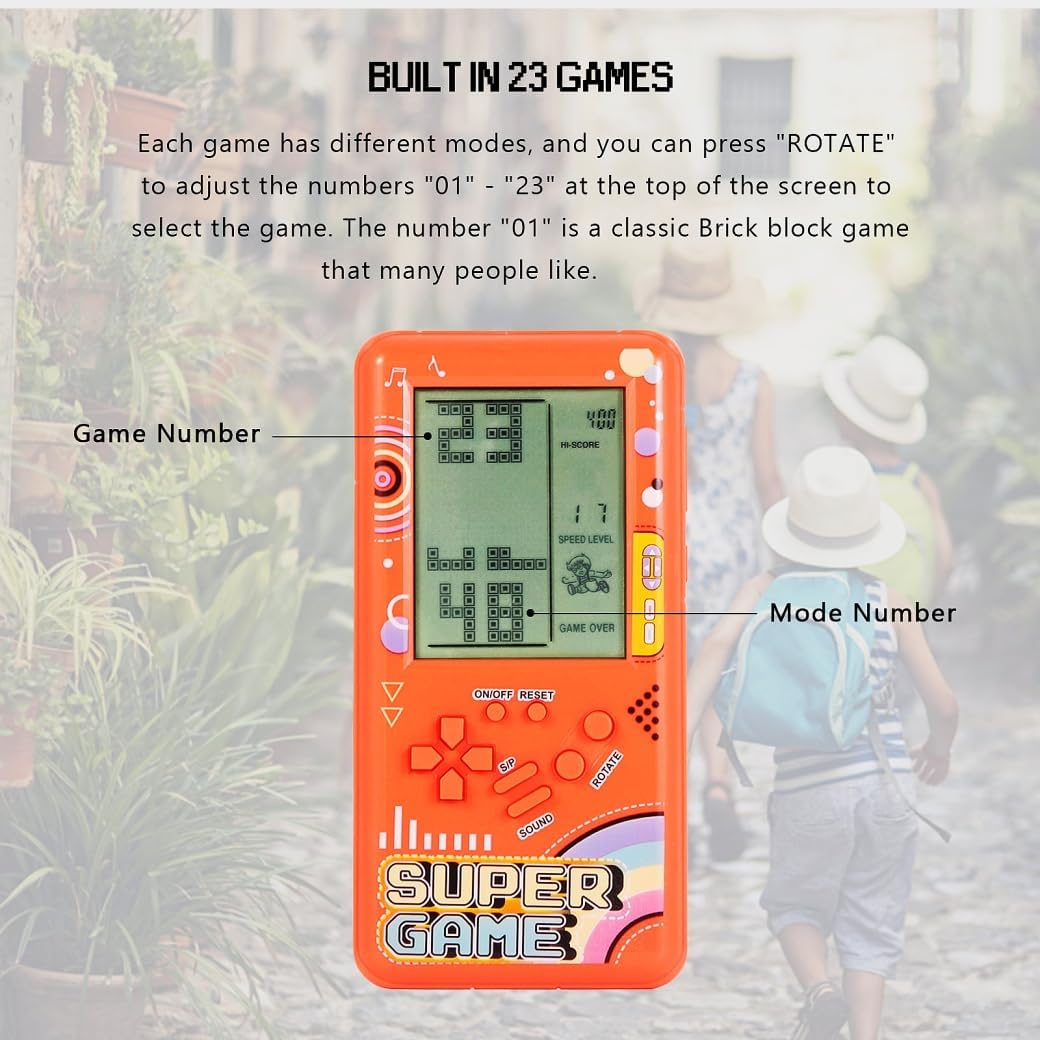 New Big Screen Block Brick Game Console with 23 Games *99 Modes Handheld Console Children'S Console Retro Video Games Adjustable Difficulty Indoor Toys Outdoor Puzzles Toys (Orange) image number 6