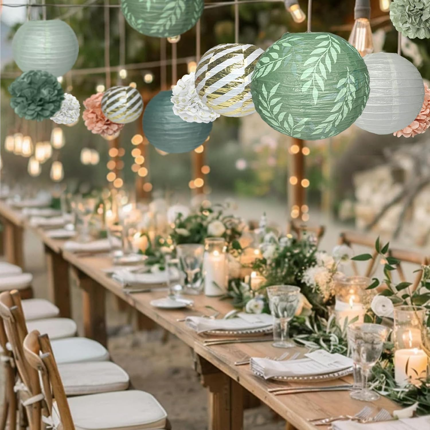 Pack of 12 Paper Lanterns Set Party Decoration in Green, Pink, Gold & White round Paper Lanterns Pompoms for Bride, Lampshade, Birthday Party, Engagement, Wedding, Party image number 4