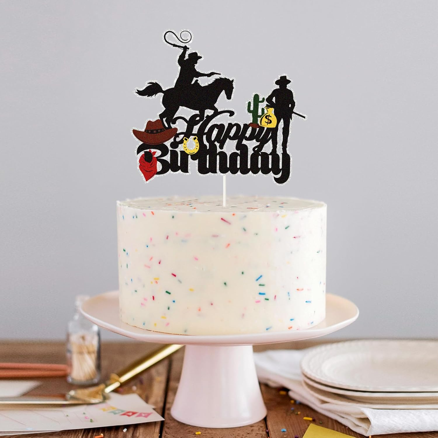 Cowboy West Happy Birthday Cake Toppers, Wild West Cowboy Western Party Cake Decor,Cowboy on Horseback Boys, Girls and Children'S Cowboy Theme Birthday Decorations. image number 4